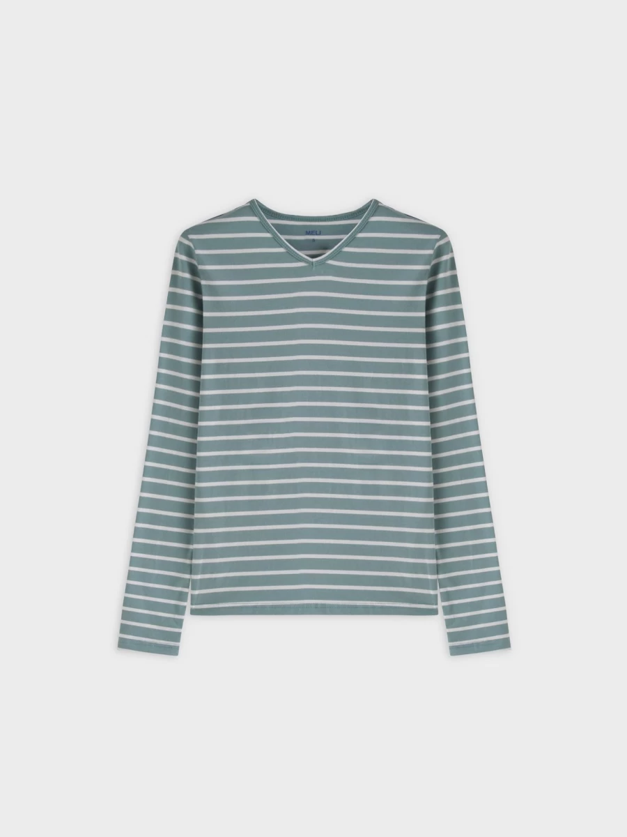 MELI Women's Thin Stripe High V-Neck T-Shirt - Pistachio Green & White Striped Tee