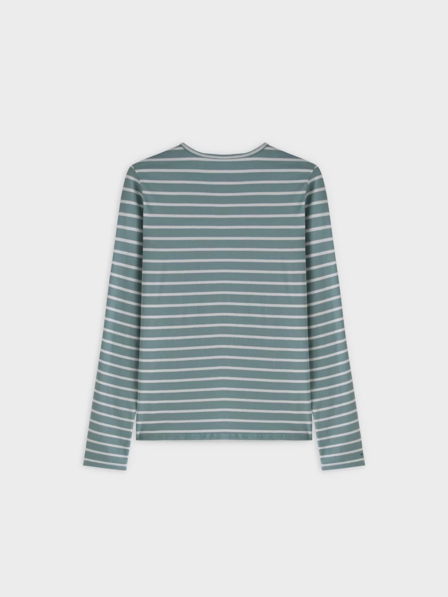 MELI Women's Thin Stripe High V-Neck T-Shirt - Pistachio Green & White Striped Tee