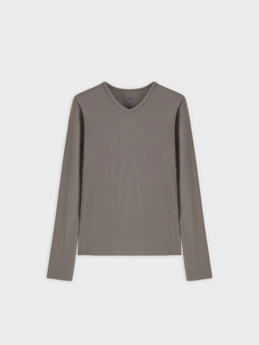 MELI Women's High V-Neck Ribbed Long Sleeve Tee in Olive Green