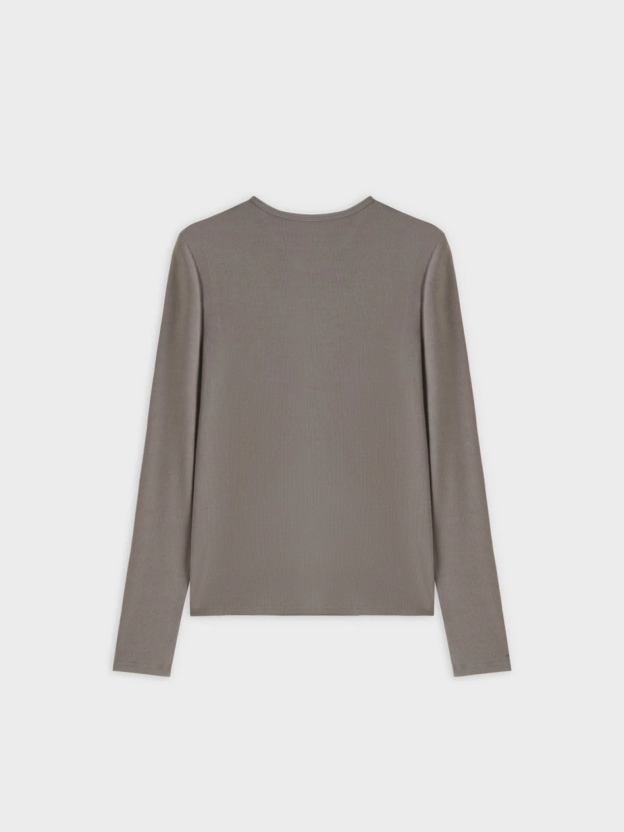MELI Women's High V-Neck Ribbed Long Sleeve Tee in Olive Green