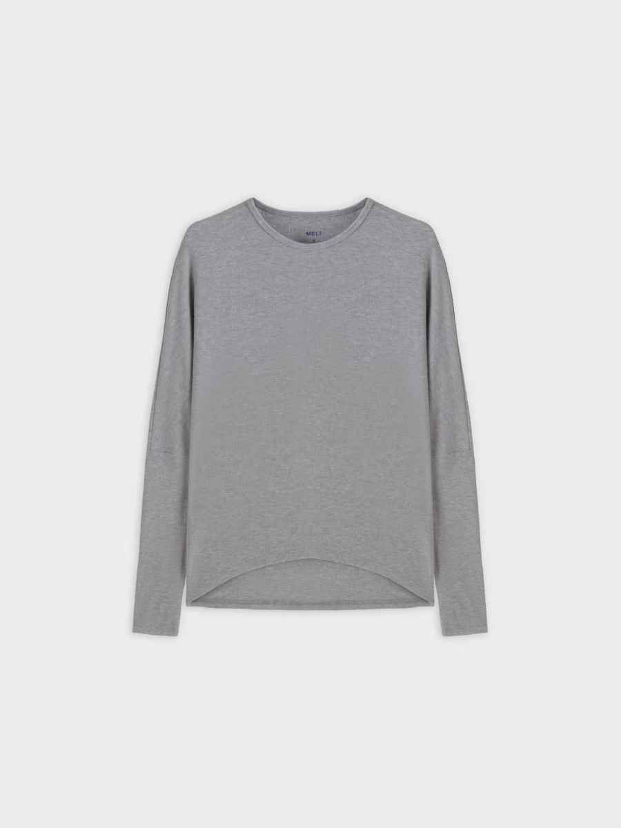 MELI Women's Ribbed Dolman Sweater - Heathered Grey Crew Neck Long Sleeve Pullover