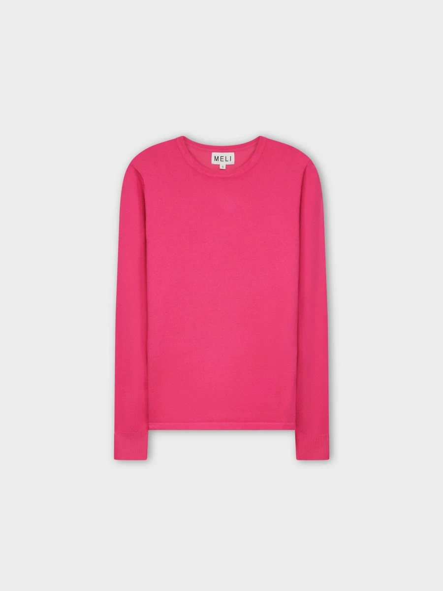 MELI Women's Thin Knit Crewneck Sweater in Hot Pink - Soft Casual Pullover Top