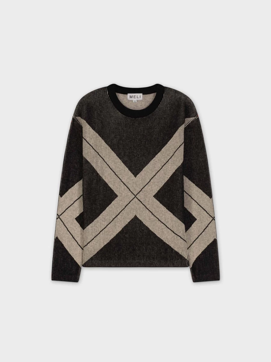 MELI Women's X Design Sweater - Black & White Cozy Knit Pullover