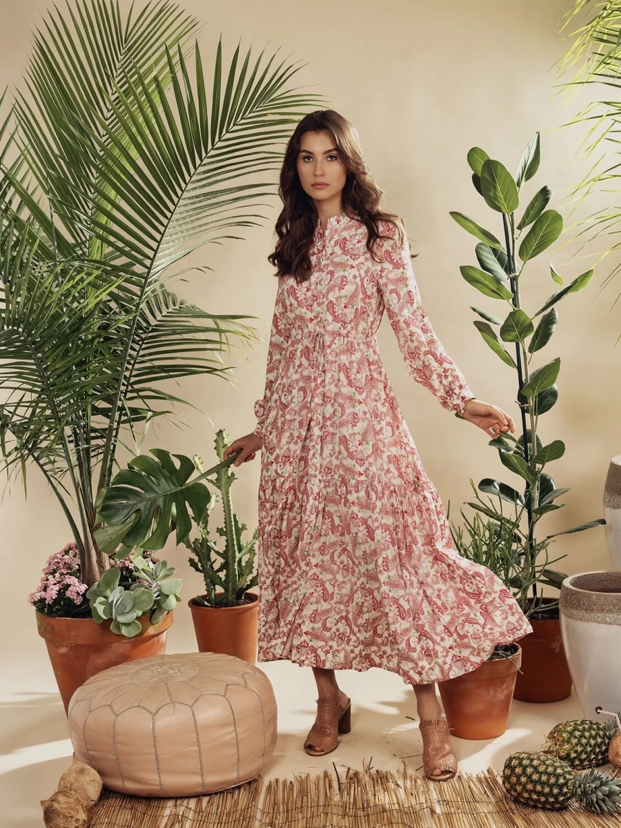 MEENA Women's Pink Paisley Drawstring Maxi Dress - Floral Print Summer Beach Dress