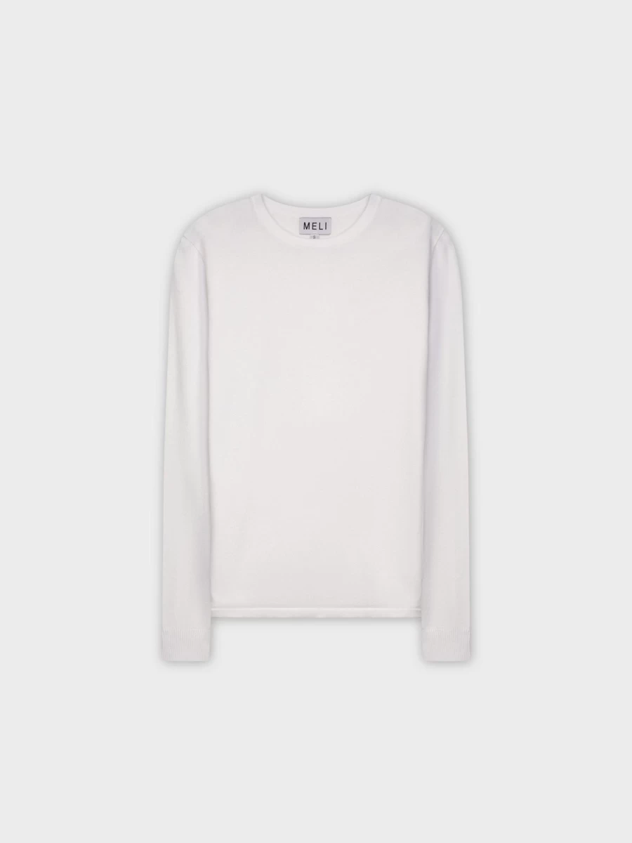 "MELI Women's Thin Knit Crewneck Sweater in White | Soft Casual Pullover Top"