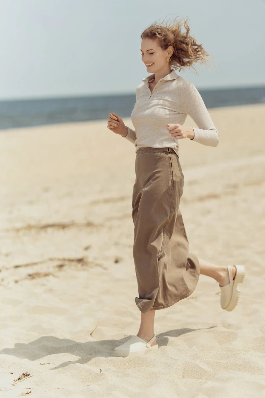 MELI Women's Aline Denim Skirt in Taupe - Mid Waist Stretch Denim Skirt for Women