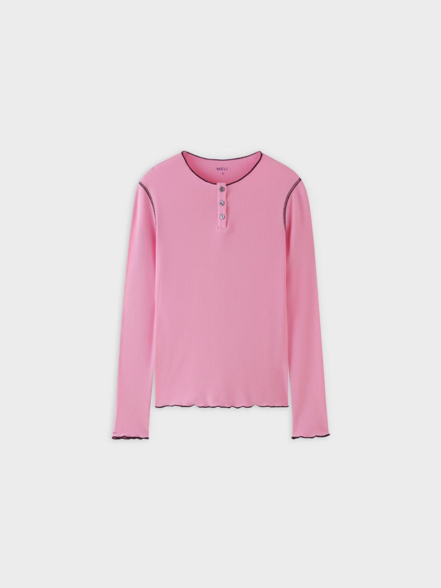 MELI Women's Overlock Stitched Henley T-Shirt - Pink & Black Striped Casual Top