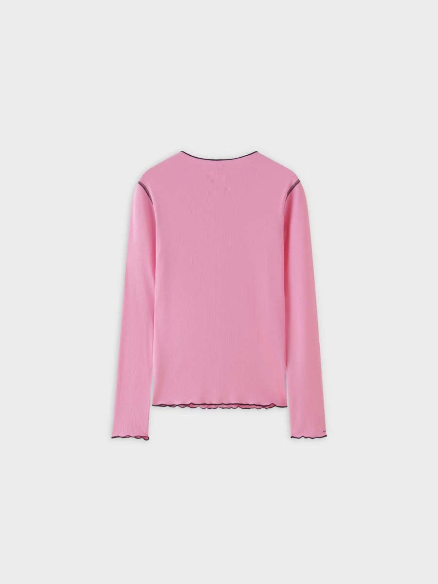 MELI Women's Overlock Stitched Henley T-Shirt - Pink & Black Striped Casual Top