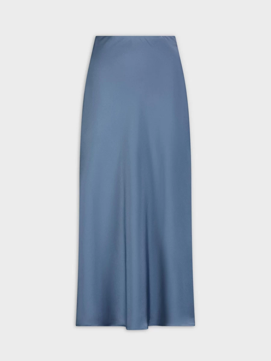 HAILEY Women's Denim Blue Satin Slip Skirt - Soft Stretch Comfort Fit Midi Length