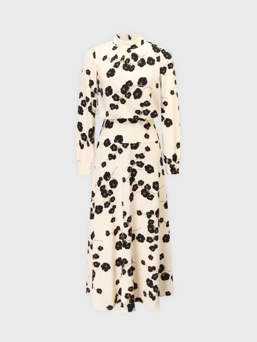 POSE Women's Cream & Black Floral Waisted Yolk Dress - Elegant Feminine Style