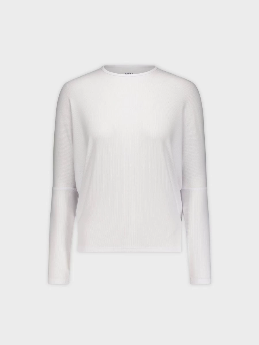 MELI Women's White Ribbed Dolman Sleeve Crew Neck Top