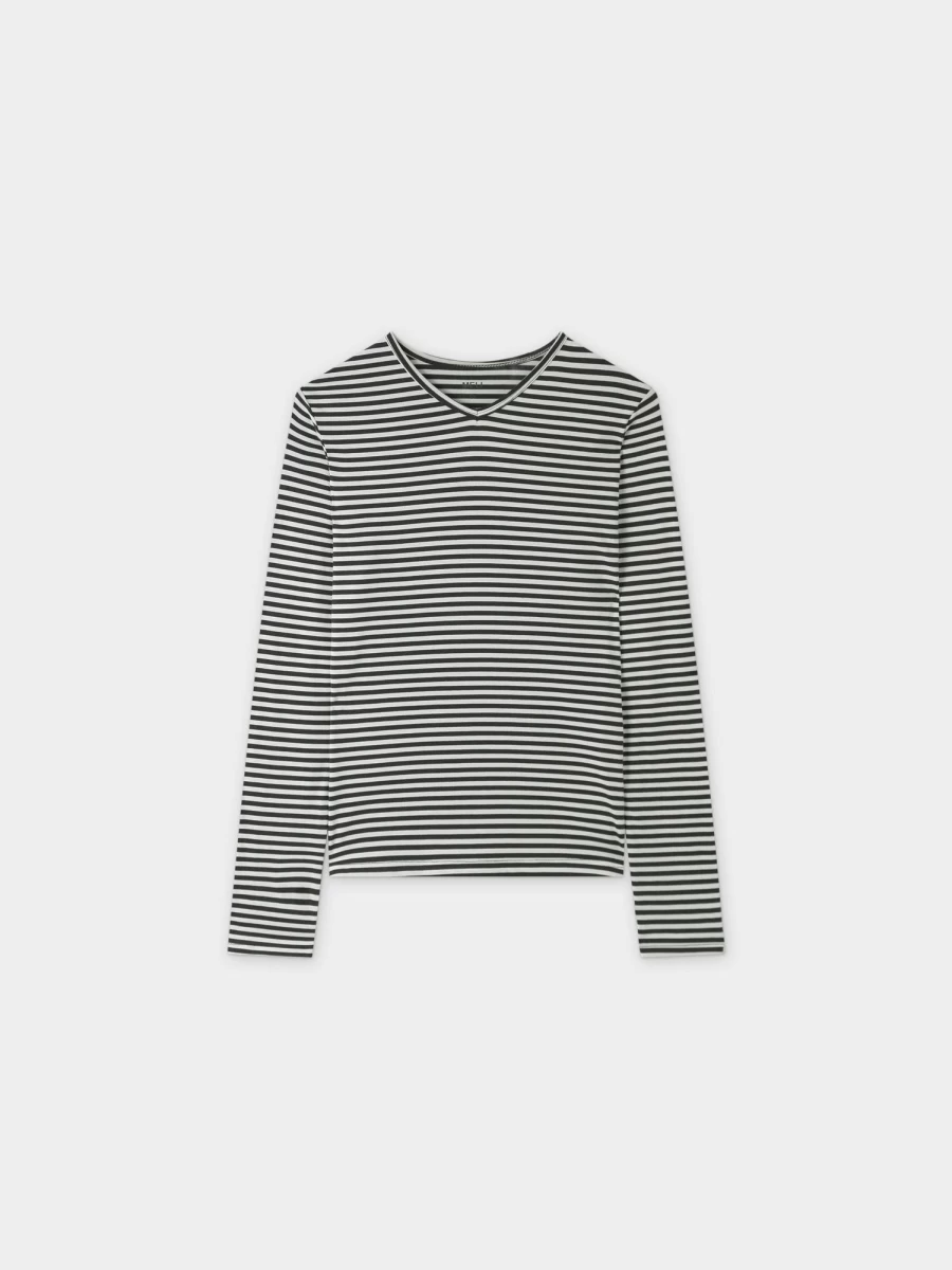 MELI Women's Thin Stripe High V-Neck T-Shirt - Black & White Striped Casual Tee