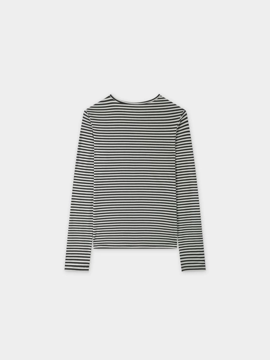 MELI Women's Thin Stripe High V-Neck T-Shirt - Black & White Striped Casual Tee