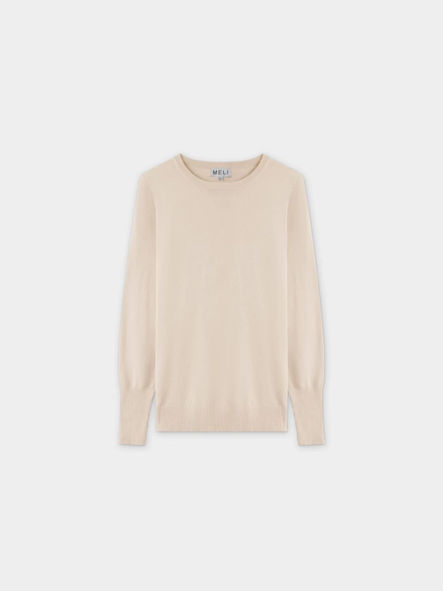 MELI Women's Basic Long Sleeve Crewneck Sweater in Ivory - Soft Casual Knit Pullover Top