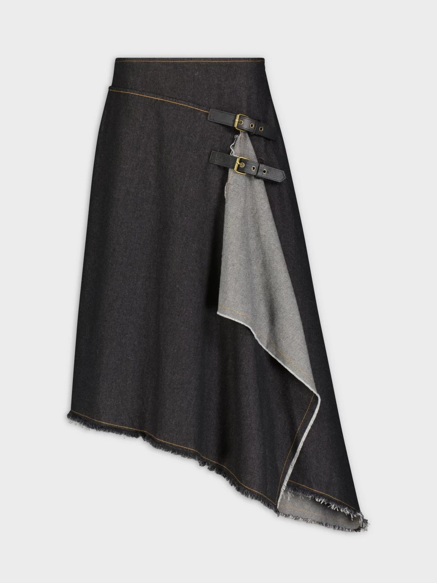 HAILEY Women's Black Denim Buckle Mock Wrap Skirt - Stylish Adjustable Waist Design