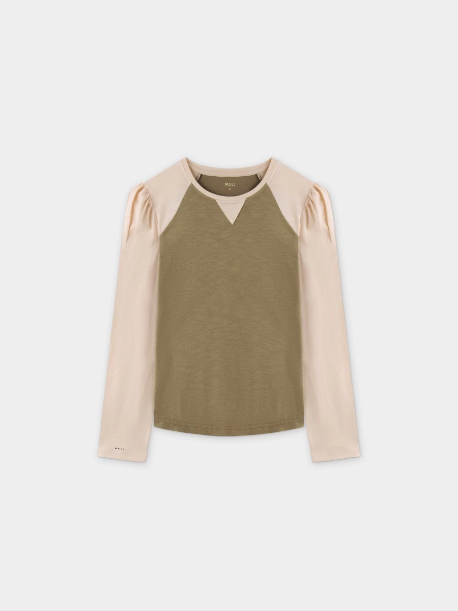 MELI Women's Two-Tone Olive & Vanilla Baseball Tee - Stylish Casual Top