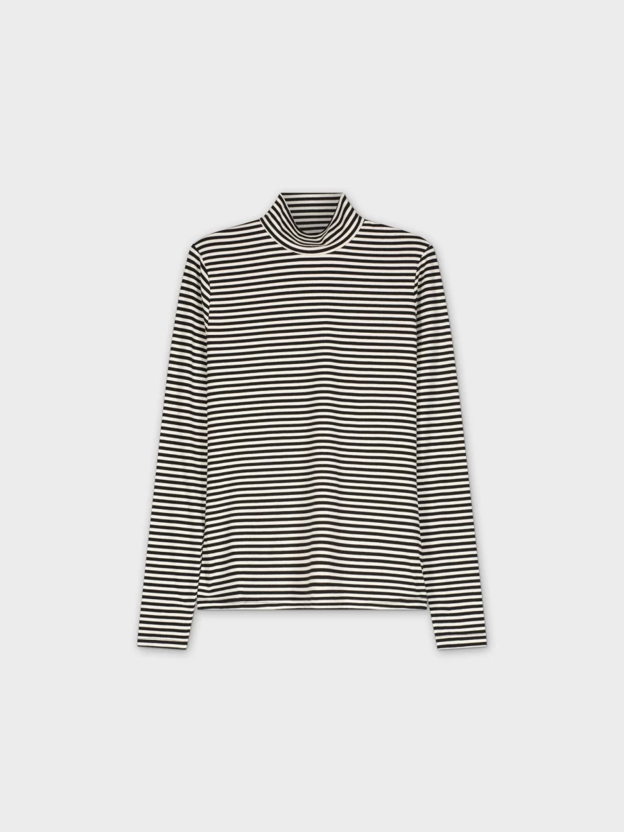 MELI Women's Fine Striped Turtleneck Sweater - Black & White Slim Fit Long Sleeve Top