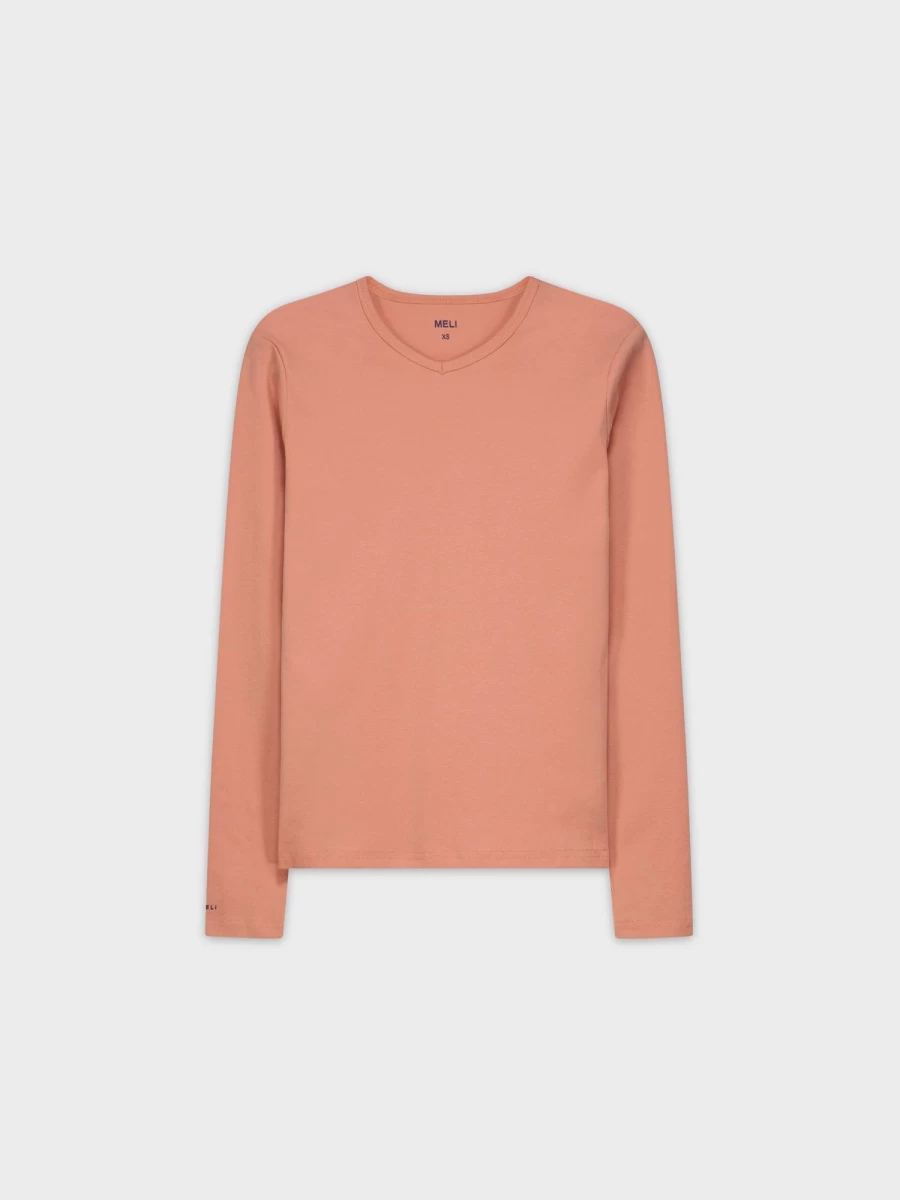 MELI Women's Basic V-Neck Long Sleeve T-Shirt in Peach