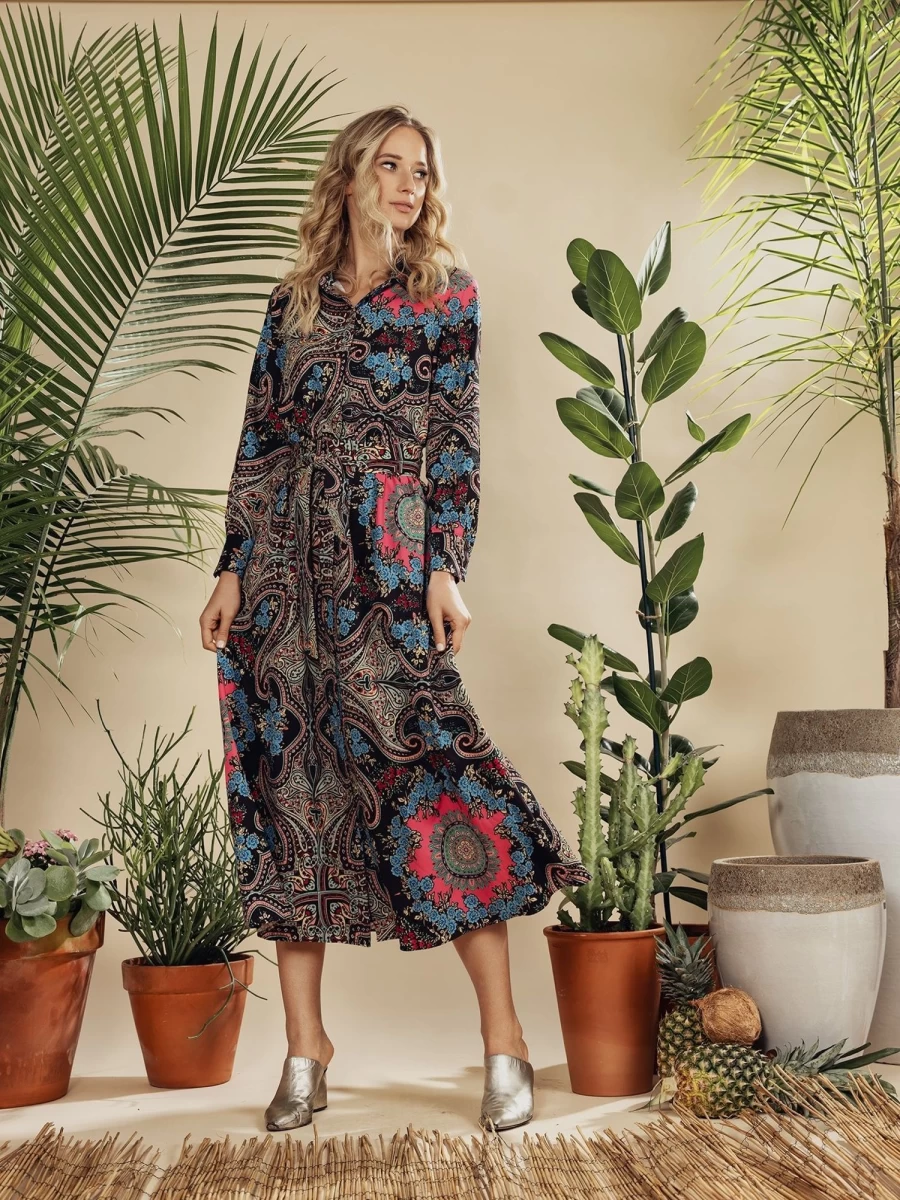 Pose Women's Belted Shirtdress with Neon Paisley Print - Stylish Casual Dress