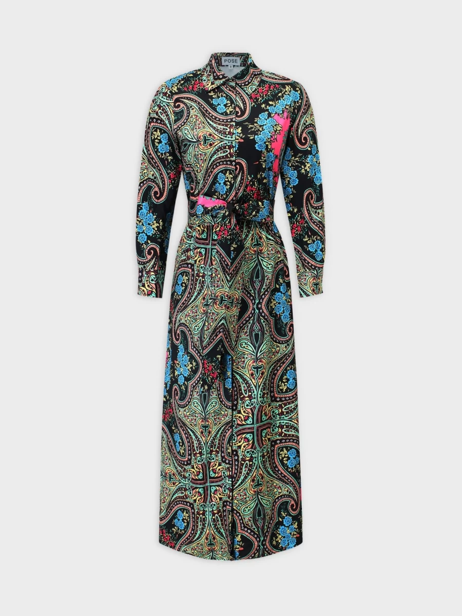 Pose Women's Belted Shirtdress with Neon Paisley Print - Stylish Casual Dress