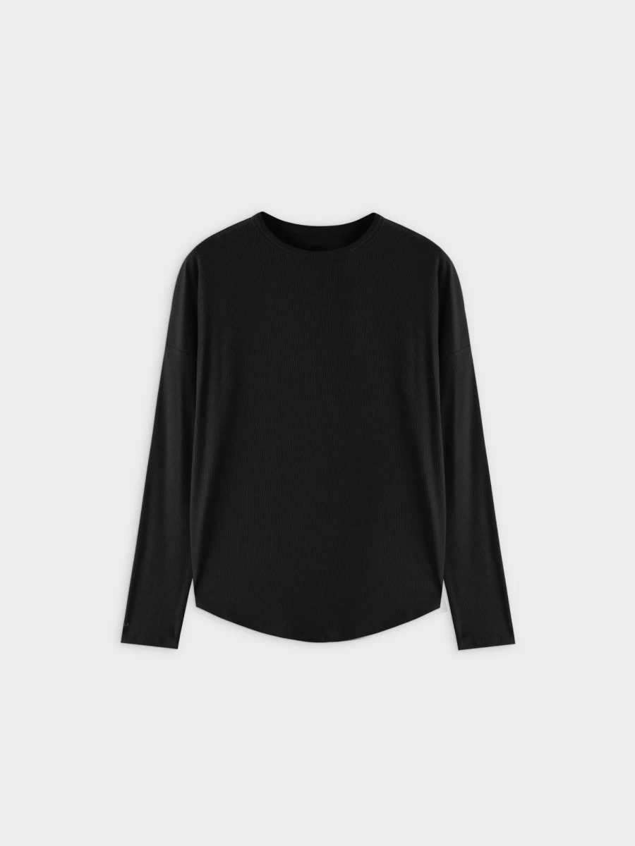 MELI Women's Ribbed Swing Tee - Black Relaxed Fit Stretch Cotton Top