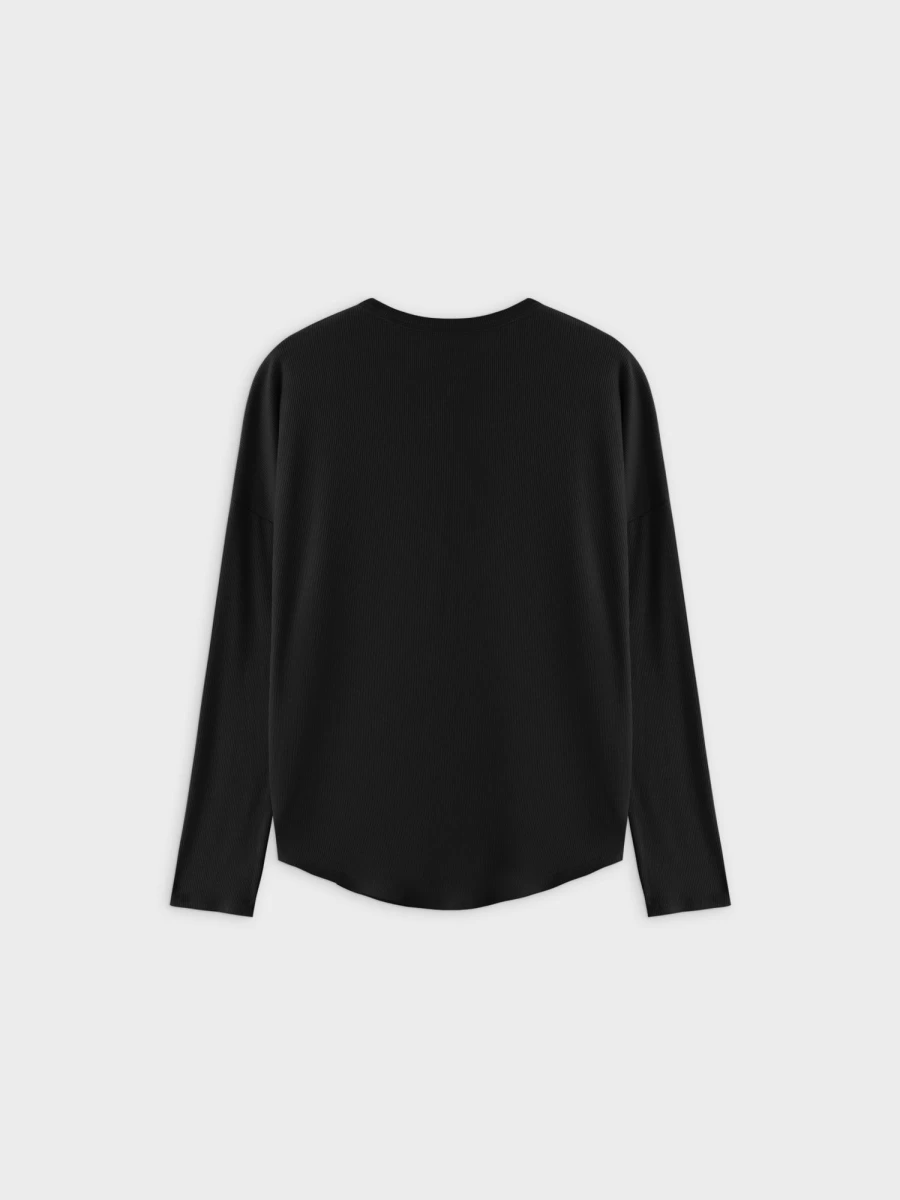 MELI Women's Ribbed Swing Tee - Black Relaxed Fit Stretch Cotton Top