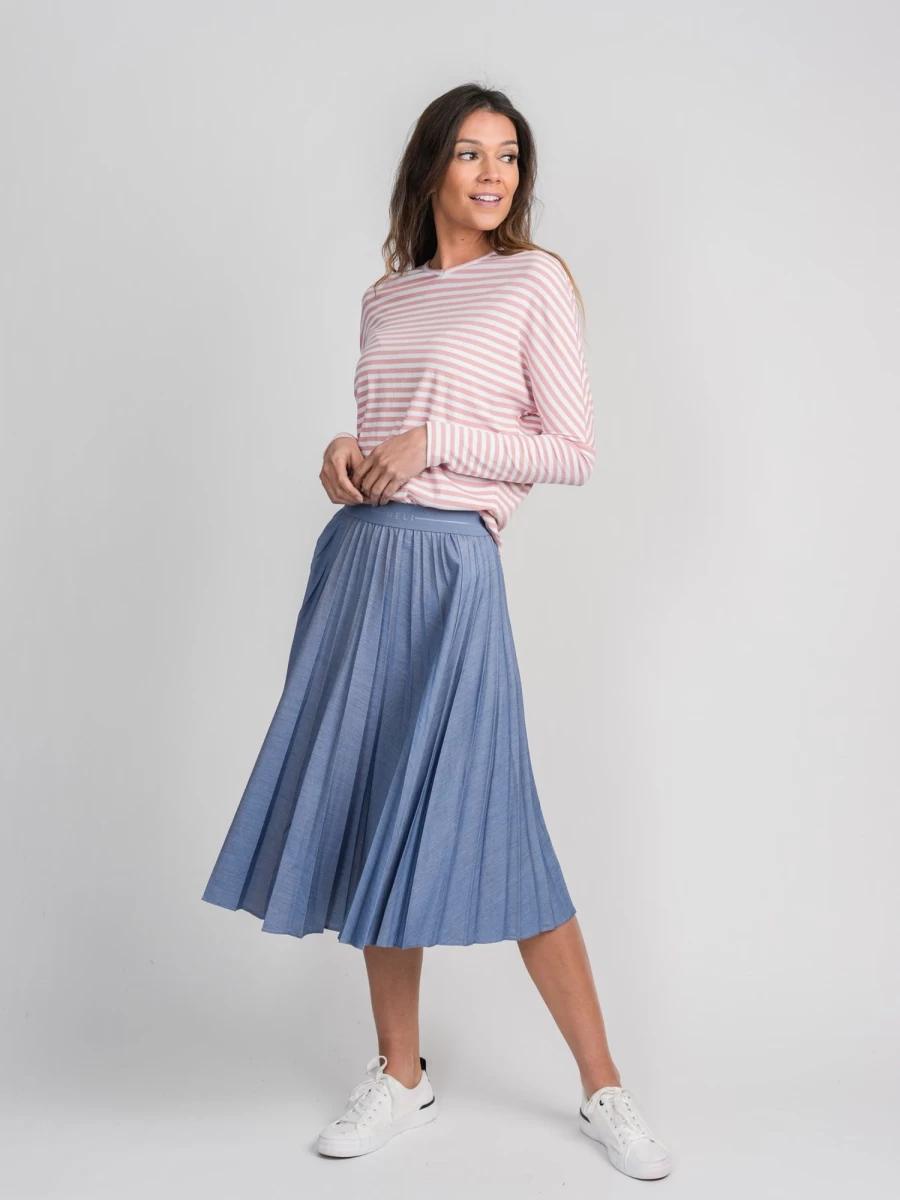 MELI Women's Light Blue Pleated Denim Skirt - 24" Length Mid-Length Waist A-Line Style