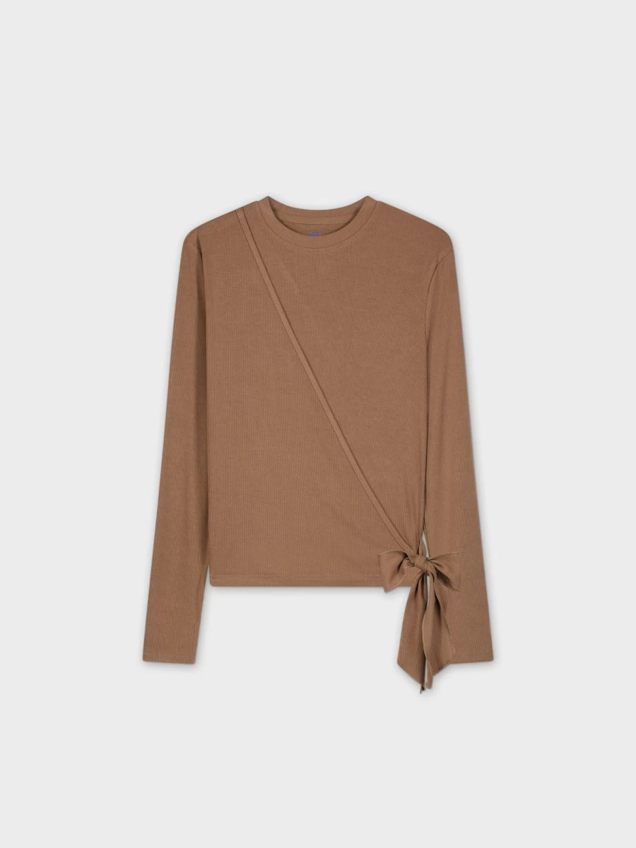 MELI Women's Ribbed Wrap Tee in Mocha - Soft Stretch Comfort Fit T-Shirt