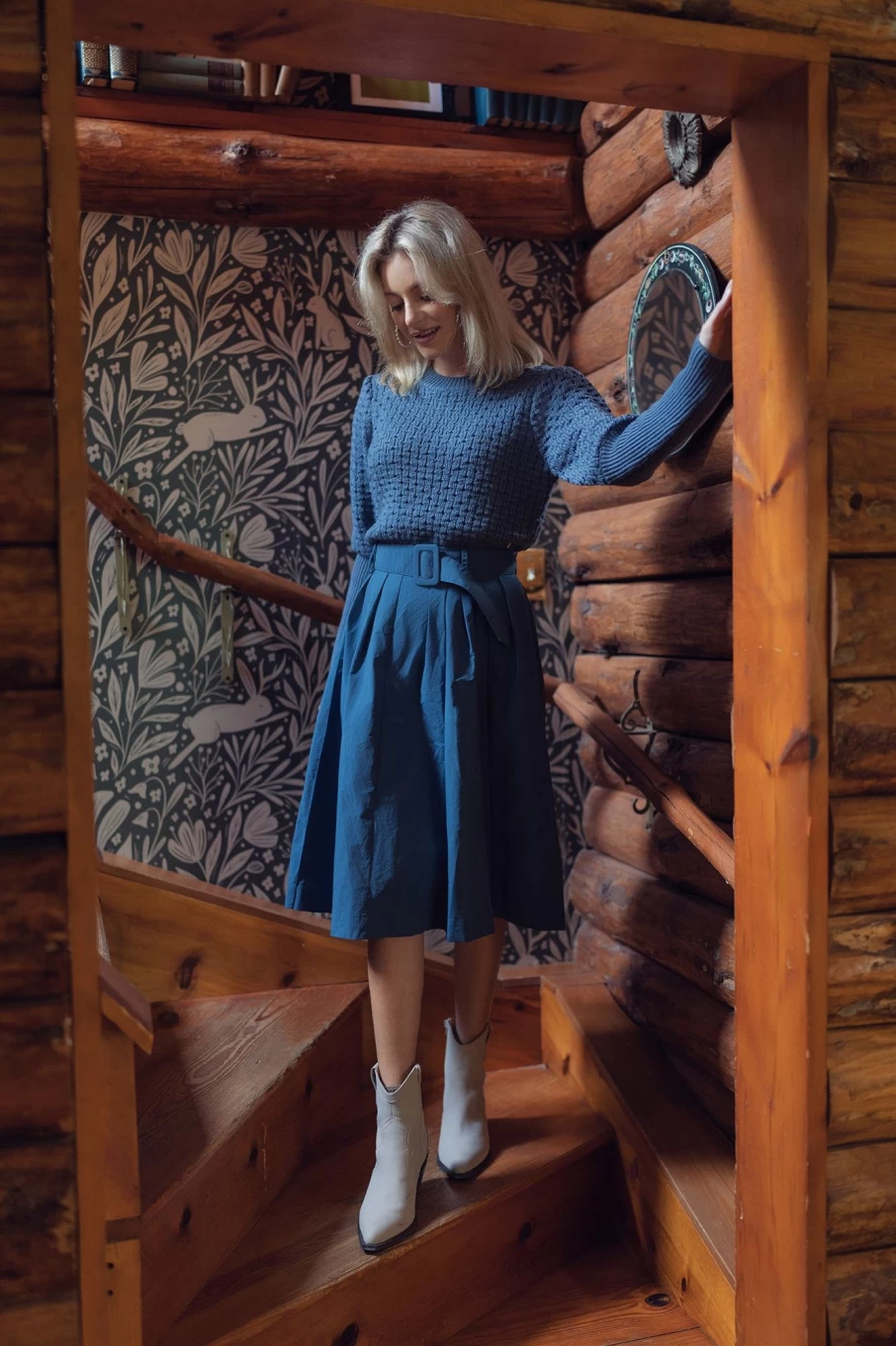 "TTS Women's Blue Belted Skirt - Stylish High-Waisted A-Line Skirt for Women"