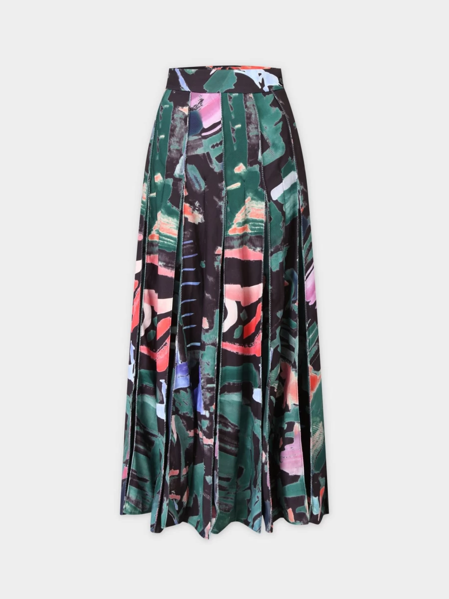 Pose Women's Green Splash Pleated Skirt with Top Stitching Detail