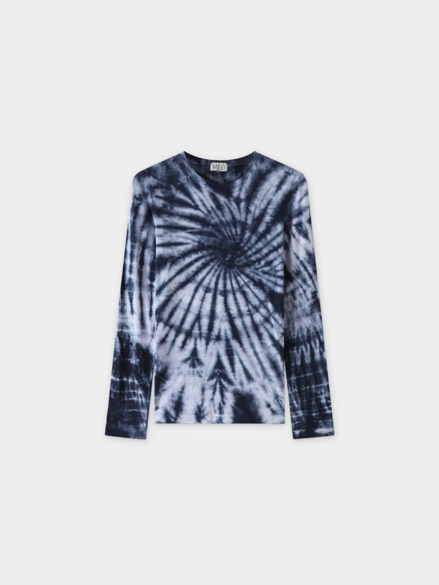 MELI Women's Tie Dye Swirl Graphic Tee - White and Blue Casual T-Shirt