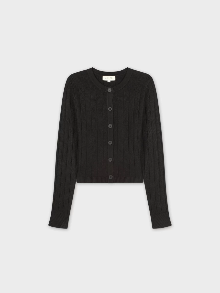 VAARA Women's Black Cropped Ribbed Cardigan - Stylish Short Knit Sweater