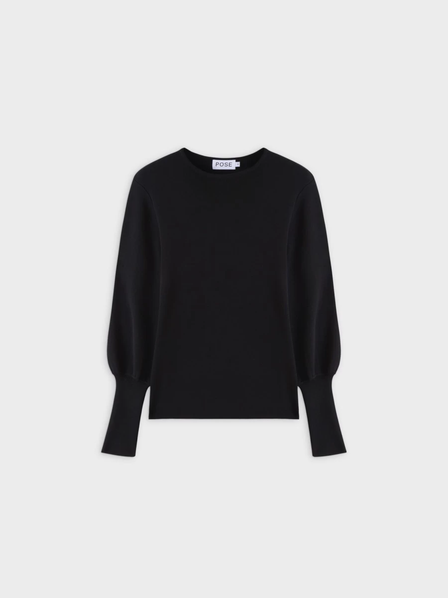 Pose Women's Black High Cuff Knit Sweater - Elegant Long Sleeve Top