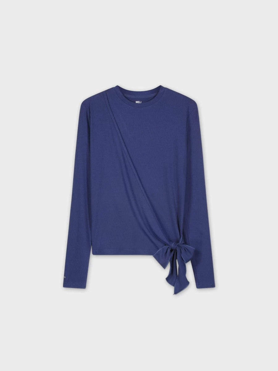 MELI Women's Ribbed Wrap Tee in Navy - Soft Stretch Casual T-Shirt