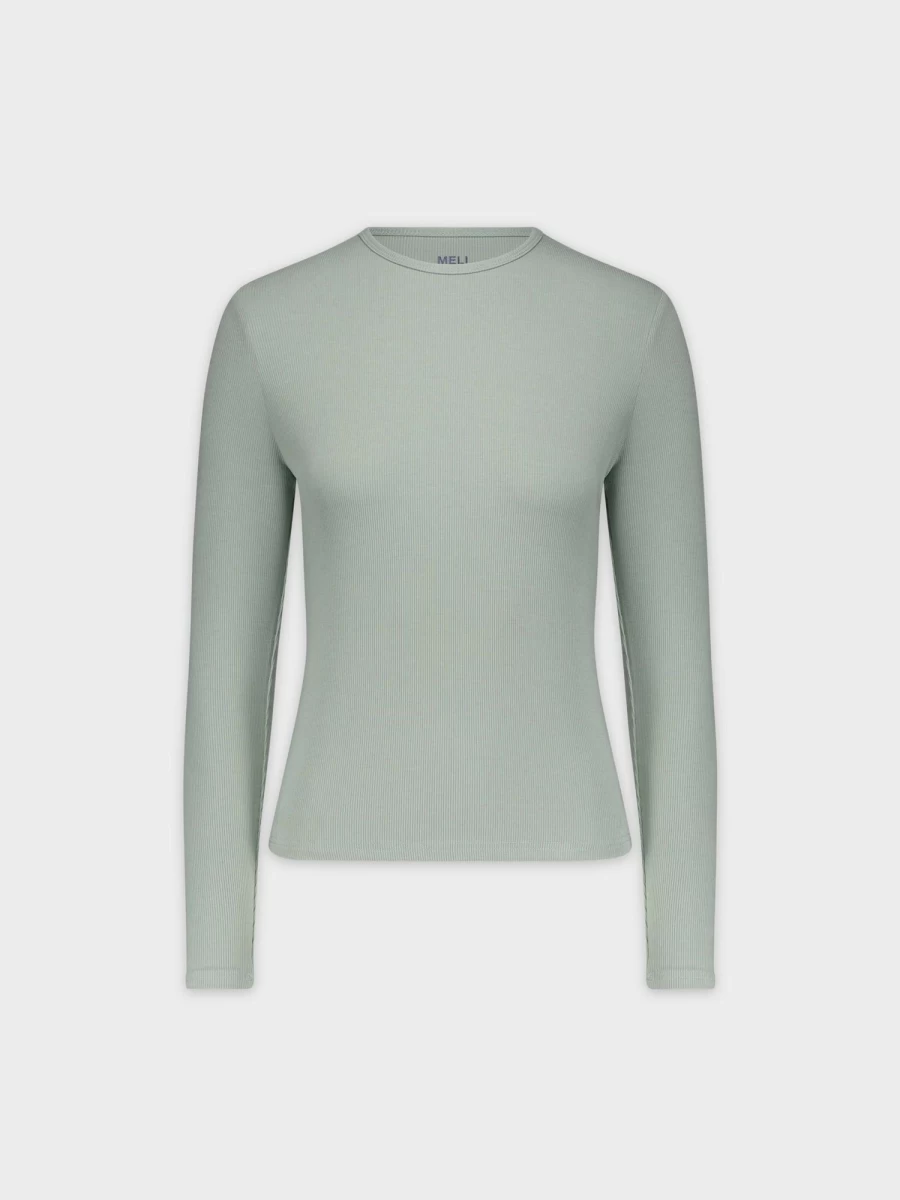 MELI Women's Classic Ribbed Long Sleeve Crew Neck Tee in Sage Green
