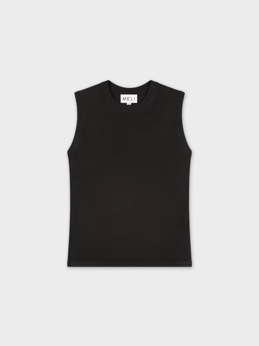 MELI Women's Black Sleeveless Crewneck Sweater - Casual Knit Pullover Top