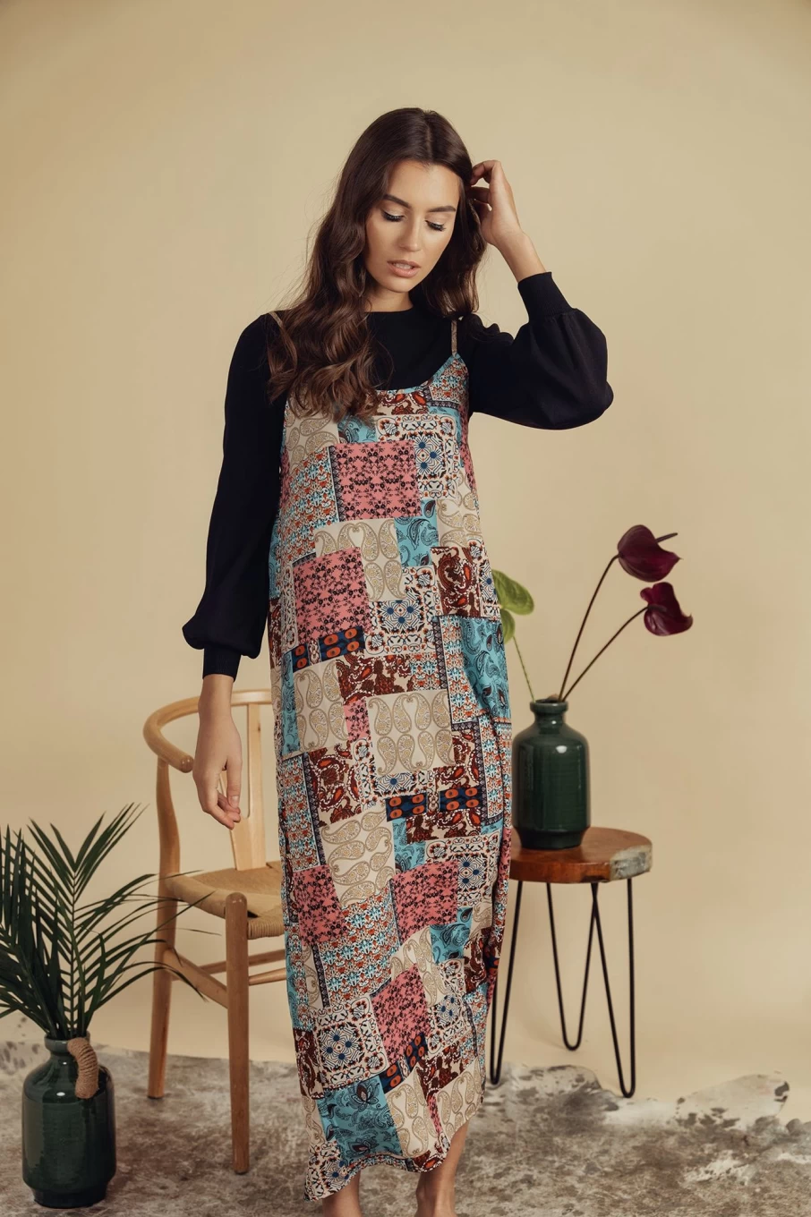HAILEY Women's Mosaic Print Crew Neck Slip Dress - Elegant Sleeveless Mini Dress