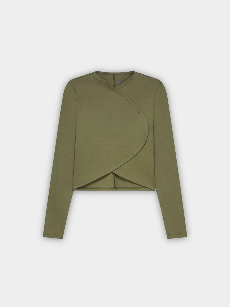 MELI Women's Olive Green Crop Top Crossover Tee - Stylish Casual Shirt