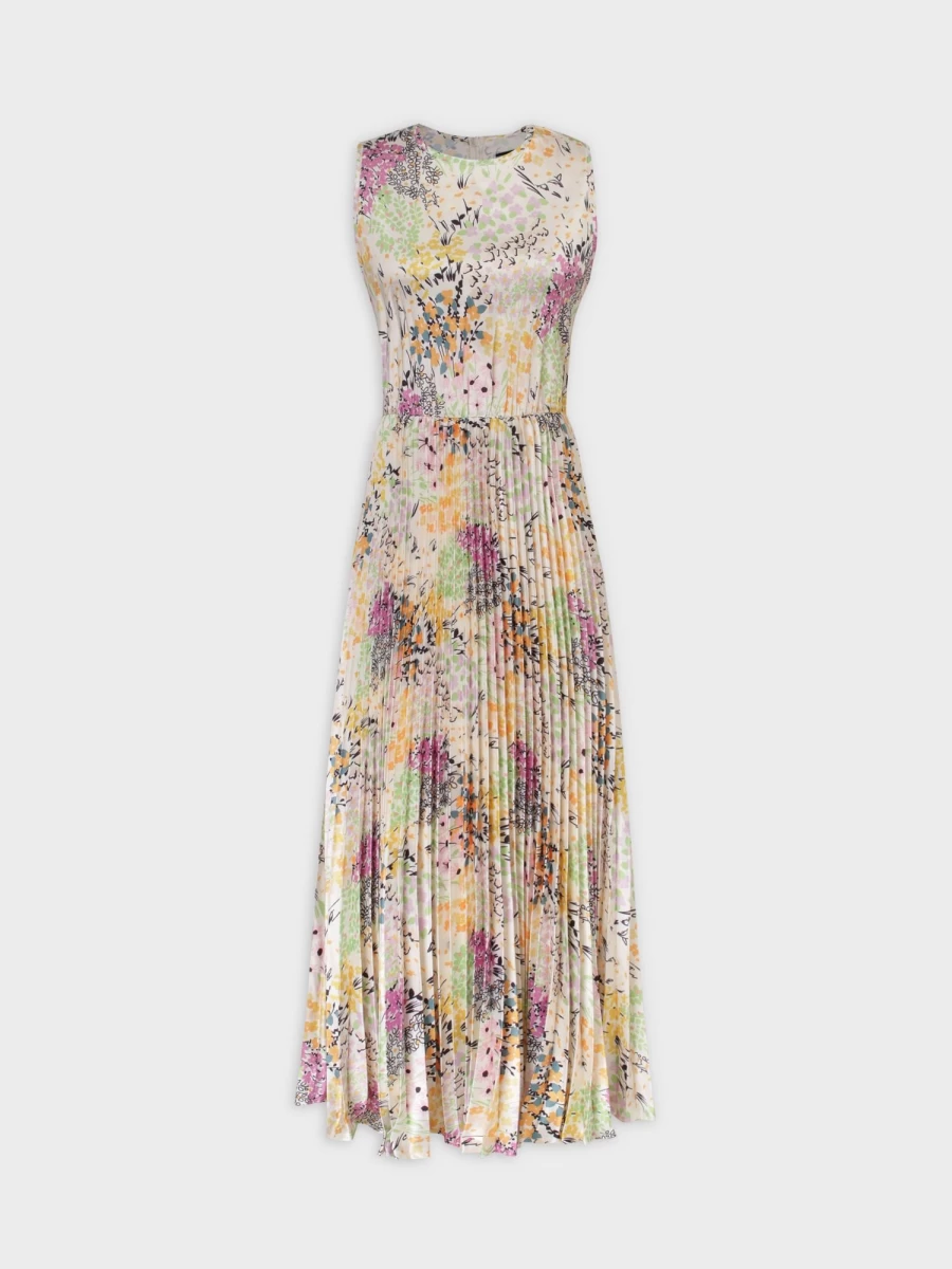 TTS Women's Pleated Slip Dress - Floral Garden Print Midi Dress