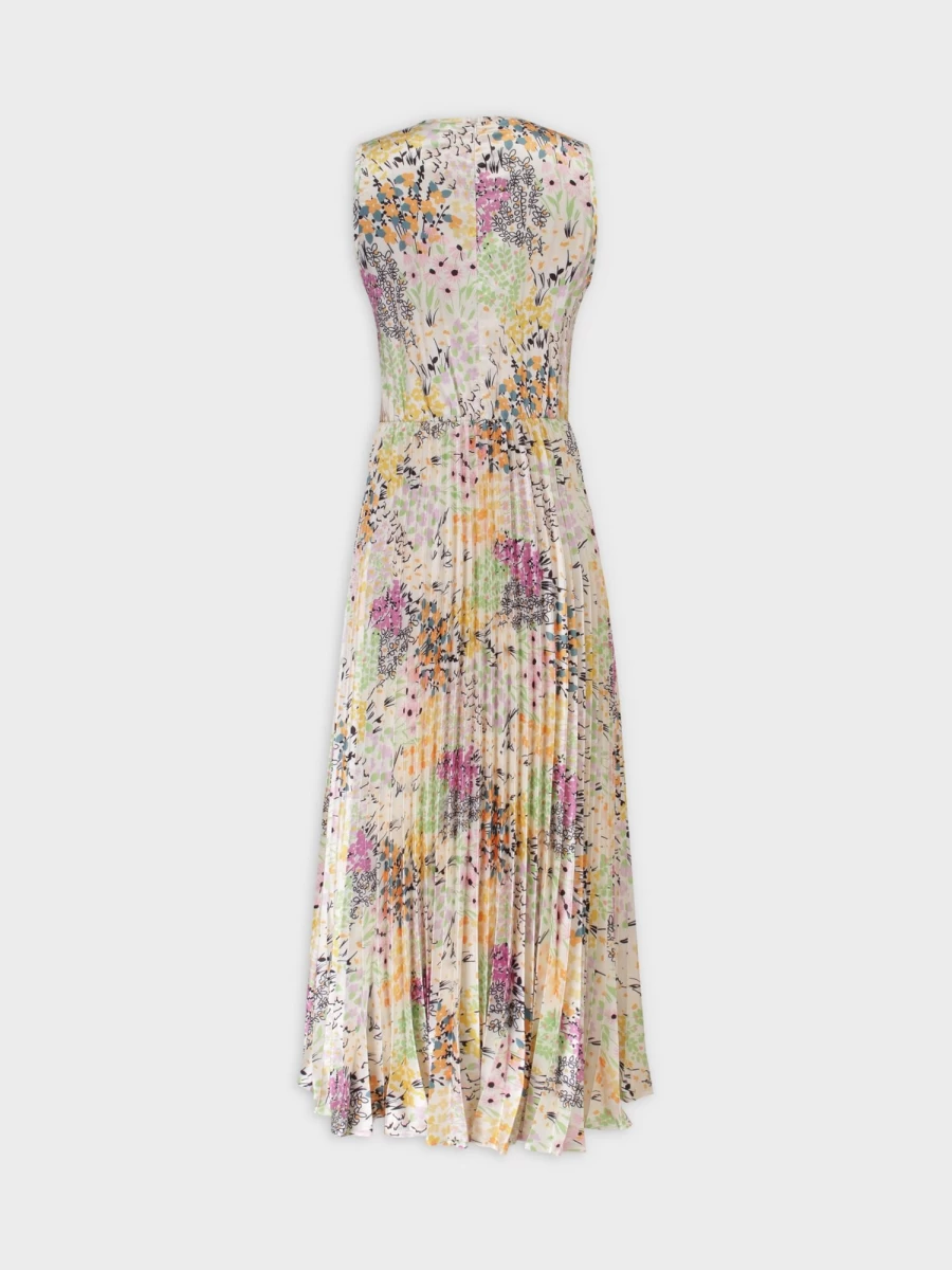 TTS Women's Pleated Slip Dress - Floral Garden Print Midi Dress