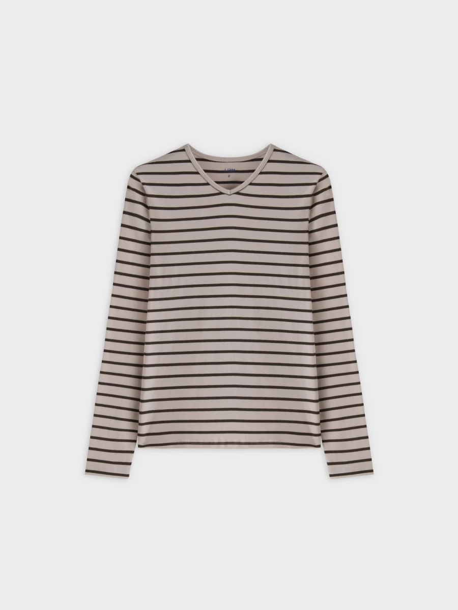 MELI Women's Thin Stripe High V-Neck T-Shirt in Cream and Green