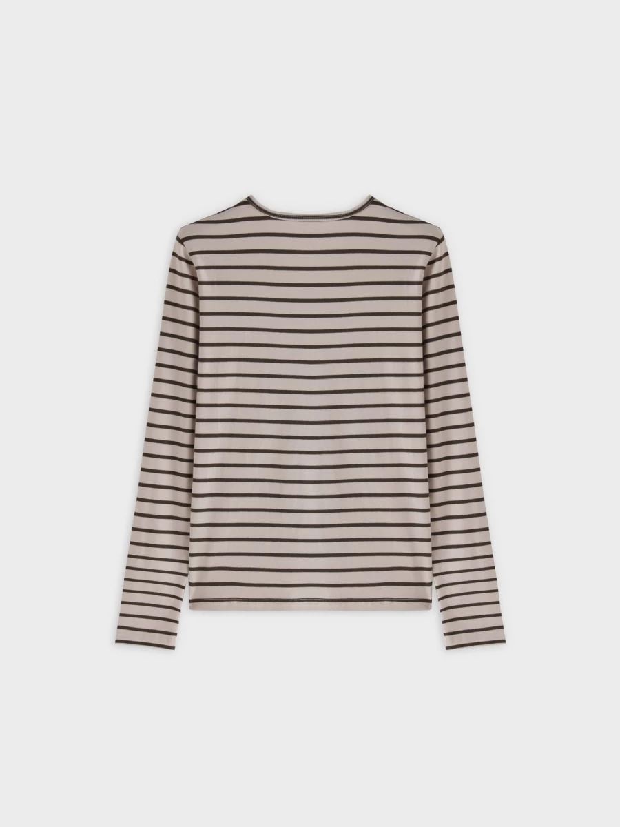 MELI Women's Thin Stripe High V-Neck T-Shirt in Cream and Green