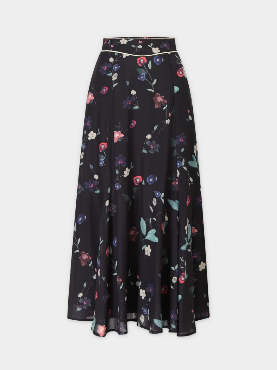 STELLA & ROSE Women's Floral Print Piped Waistband Skirt - Elegant High Waist A-Line Design