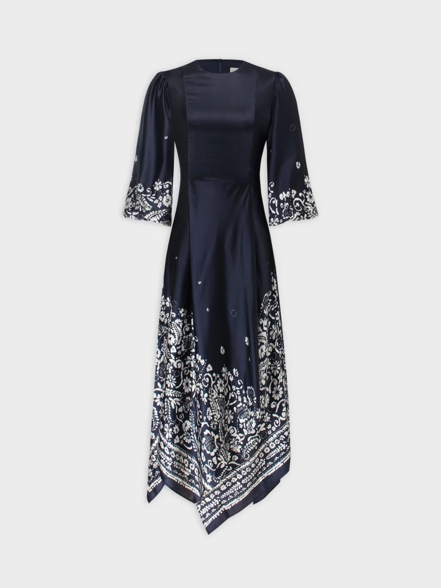 SOLEI Women's Navy Handkerchief Hem Dress - Elegant Flowy Casual Summer Dress