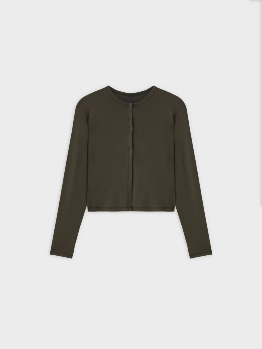MELI Women's Olive Cropped Basic T-Shirt Cardigan - Soft Casual Knitwear Top