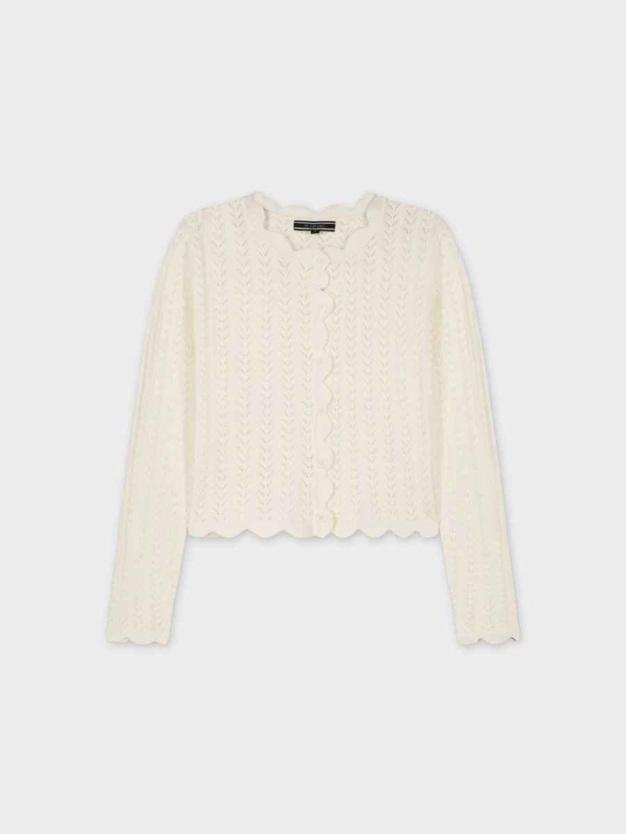 TTS Women's Scalloped Crew Neck Cardigan in Cream - Soft Knit Sweater