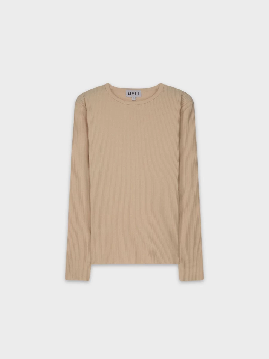 MELI Women's Wide Ribbed Crew Neck Sweater in Tan - Comfortable Knit Top