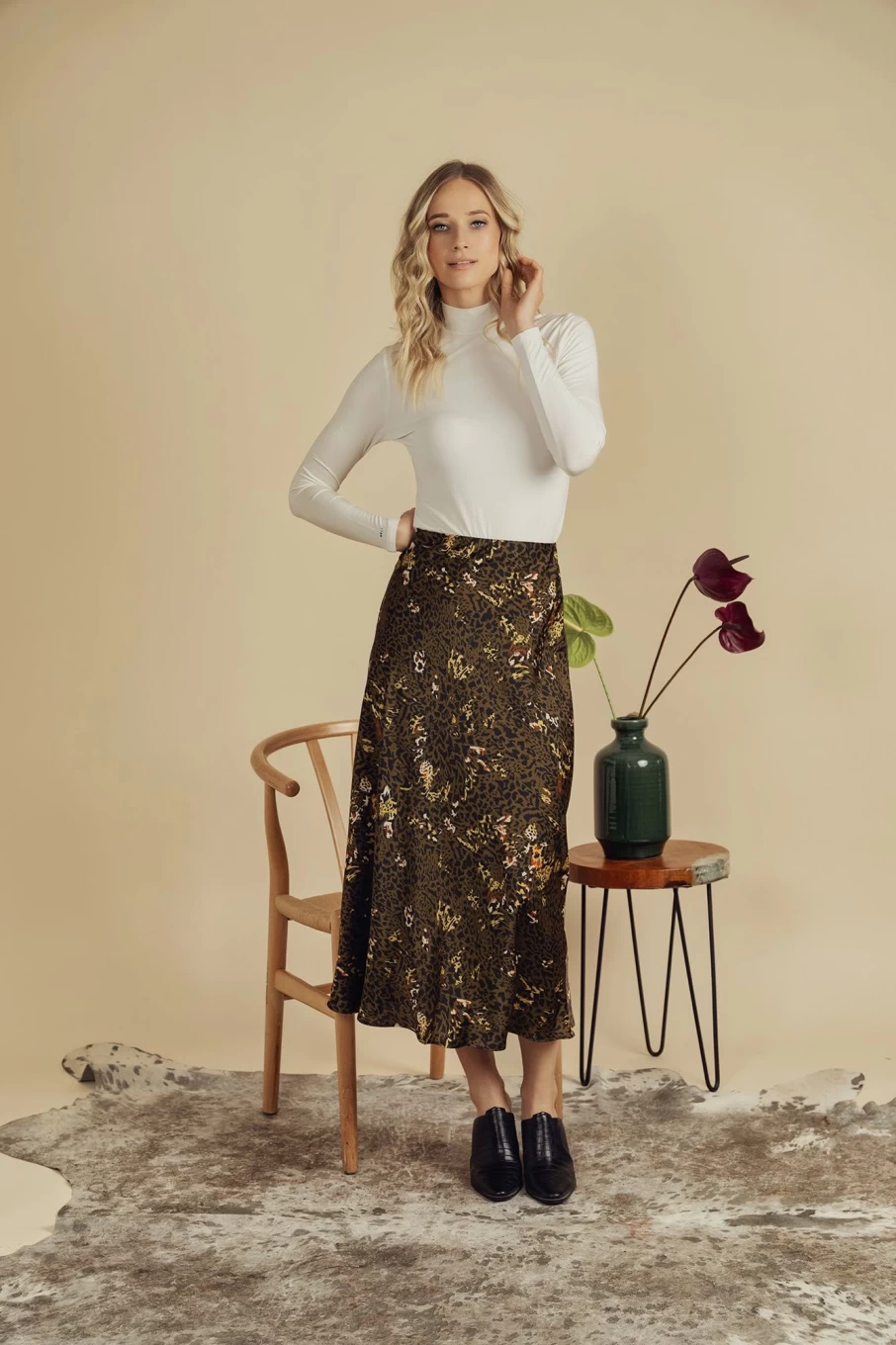 "HAILEY Women's Green Leopard Print Satin Slip Skirt"