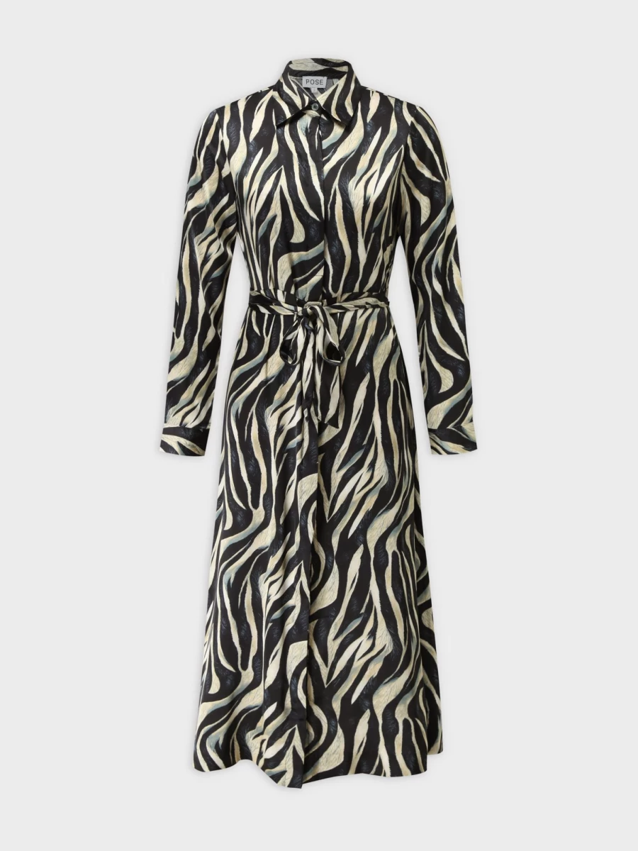 Pose Women's Zebra Print Belted A-Line Dress - Basic Casual Style