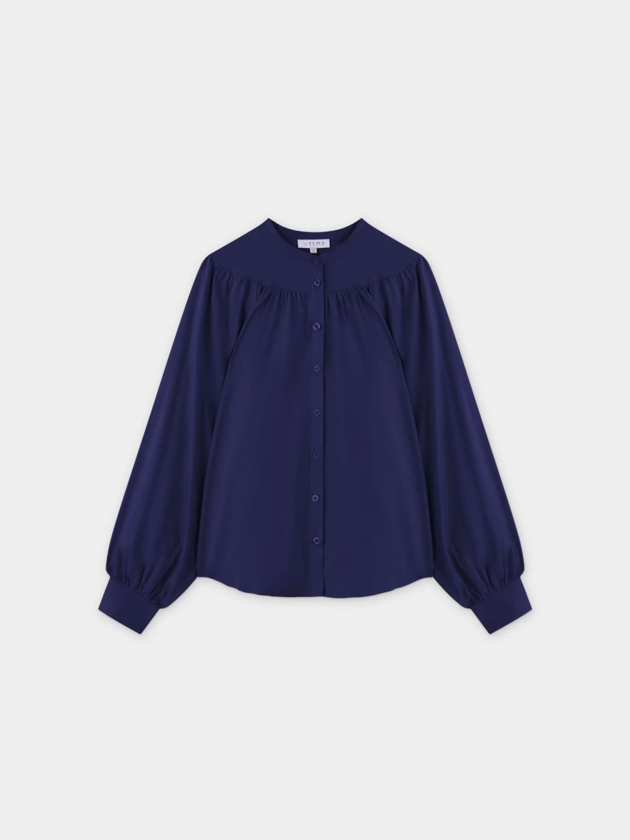 VAARA Women's Navy Gathered Top Blouse - Elegant Casual Tunic Shirt